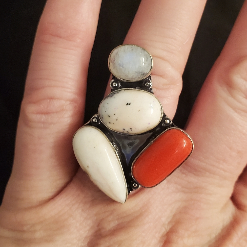 New Dendritic Opal, Coral and Rainbow Moonstone 925 Silver Statement Ring.